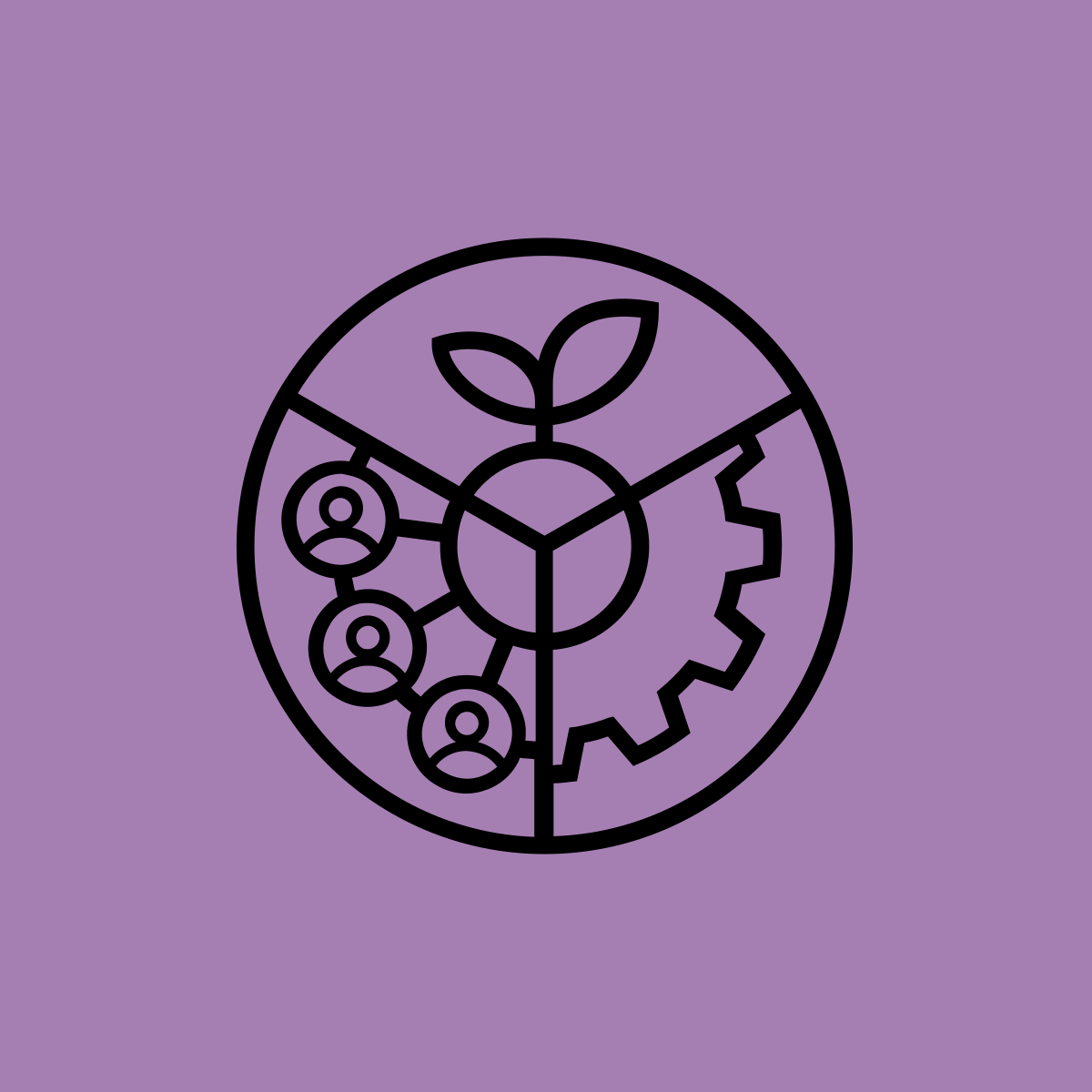 Illustration on a lilac background showing a clocklike circle separated in 3: (1) illustrating 3 individuals connected to the centre (2) a leaf and (3) a mechanical gear to make the wheel turn.
